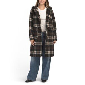 BERNARDO Brown/cream Wool Blend Hairy Plaid Coat